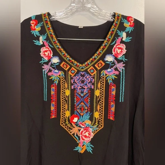 Embroidered Colorful Bold Floral Women's Blouse Shirt Black V-Neck Southwestern - Picture 13 of 16